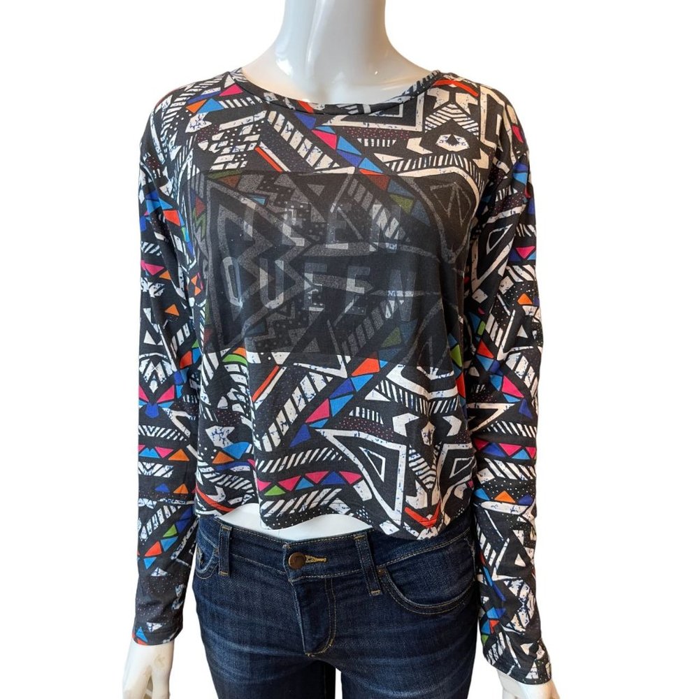 Ole by Koton Womens Pullover Sweatshirt Crew Neck Long Sleeve Geometric Black S